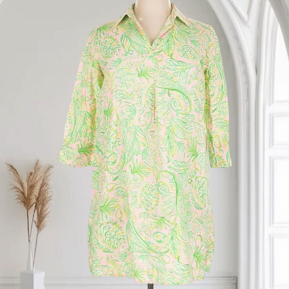 Lilly Pulitzer Pilar Tunic Shirt Dress 100% Linen Womens M Pockets‎ Beach Resort